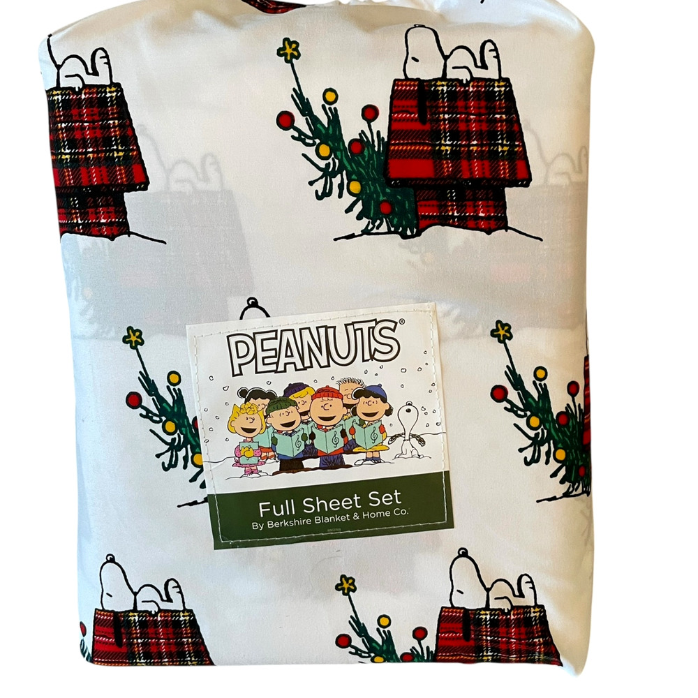 Peanuts Snoopy & Woodstock PLAID Doghouse Christmas Tree FULL Sheet Set New